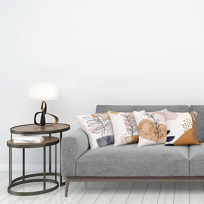 Ambesonne Minimal Throw Pillow Cushion Case Pack of 4, Modern Line Art Plants Leaves Branches with Abstract Watercolor Details, Modern Accent Double-Sided Digital Printing, 24", Rose Umber and Indigo