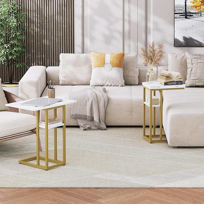 HOOBRO Foldable End Table, Gold C Shaped Side Table with Storage Shelf, Small Snack Table Suitable for Living Room Bedroom Small Spaces, Easy Assembly, Gold and Marble DM29SF01