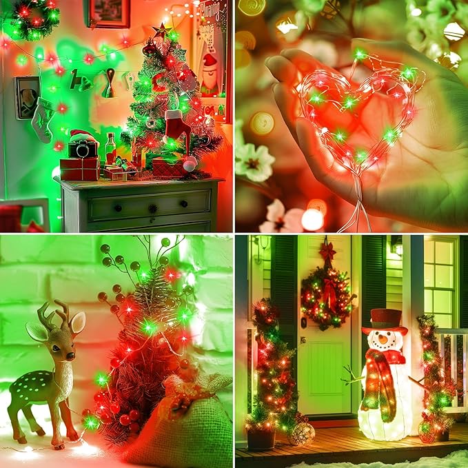 5 Pack Fairy Lights Battery Operated, 7 Feet 20 Led String Lights with Timer, Waterproof Firefly Lights on Silver Wire for Home Party Wedding Christmas Decorations, 6 Hours on/18 Hours Off, Red Green