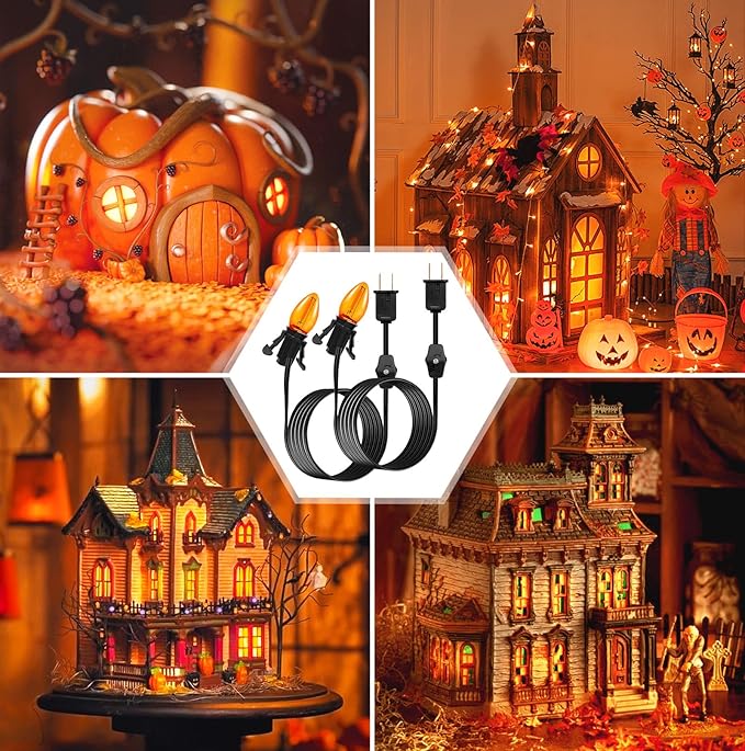 Accessory Cord with One LED Light Bulb - 6ft Cord with On/Off Switch for Halloween Pumpkin, DIY Craft Projects, Paper Lantern Halloween Decoration, Village House, Holiday Ceramic Trees, 2 Pack, Orange