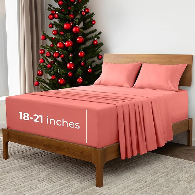 Mellanni Extra Deep King Sheets - 4 PC Iconic Collection Bedding - Hotel Luxury, Ultra Soft, Cooling Bed Sheets - Wrinkle, Fade, Stain Resistant (King, Coral)