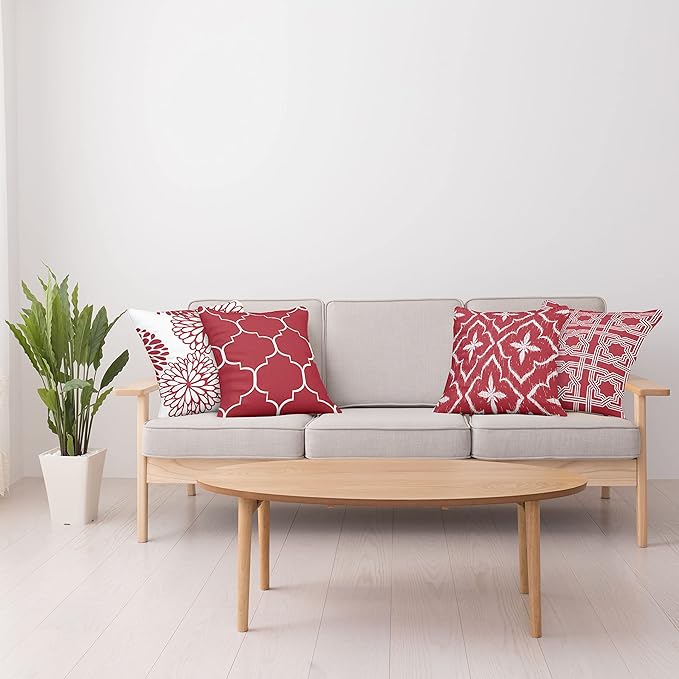 Ambesonne Vintage Throw Pillow Cushion Case Pack of 4, Monochrome Design Grid Trellis Quatrefoil Mesh and Dahlia Flowers Modern Print, Modern Accent Double-Sided Digital Printing, 18", Ruby and White