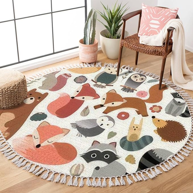 Round Rugs Woodland Animals Cute Forest Design Elements Boho Area Rug Linen and Cotton Carpet Meditation Rug Washable Hallway Runner Mat Accent Rug for Bedroom Bathroom 6ft