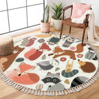 Round Rugs Woodland Animals Cute Forest Design Elements Boho Area Rug Linen and Cotton Carpet Meditation Rug Washable Hallway Runner Mat Accent Rug for Bedroom Bathroom 4ft, Multi1