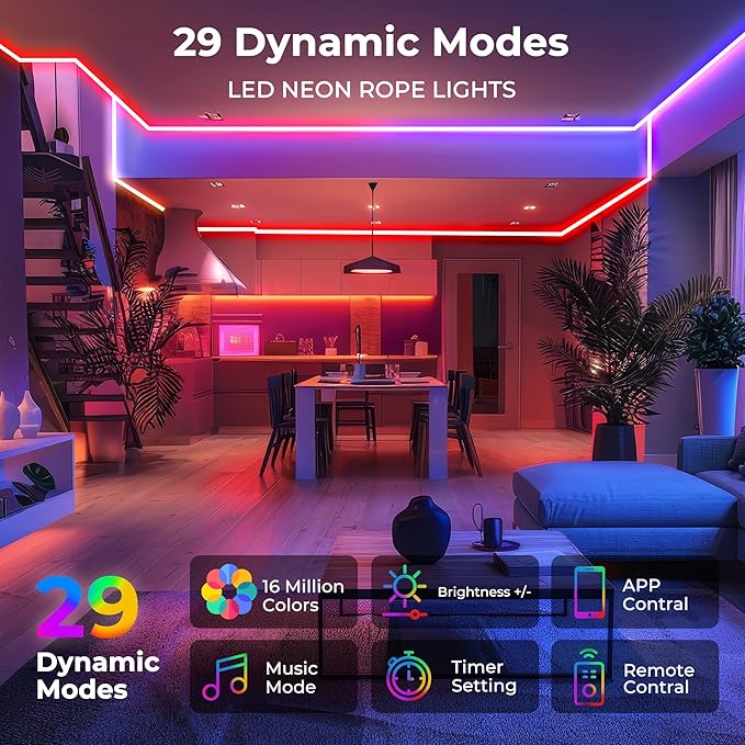 65.6FT LED Neon Rope Lights, Flexible Led Rope Lights Control with App/Remote, IP67 Outdoor RGB Color Changing Led Neon Lights Waterproof, Music Sync Led Strip Neon Lights for Bedroom Decor