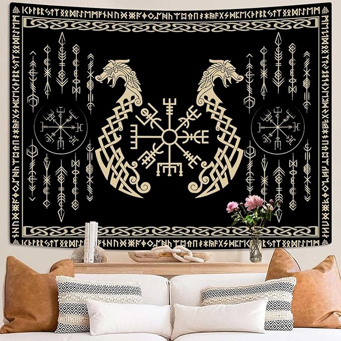 OSUNBD Nordic Vikings Tapestry, Small 4030 inches Soft Flannel, Vegvsir Symbol Twins Dragons Celtic Rune Scandinavian Aesthetic Mythology Tapestry Wall Hanging for Bedroom Living Room Decor