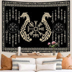 OSUNBD Nordic Vikings Tapestry, Large 10890 inches Soft Flannel, Vegvsir Symbol Twins Dragons Celtic Rune Scandinavian Aesthetic Mythology Tapestry Wall Hanging for Bedroom Living Room Decor