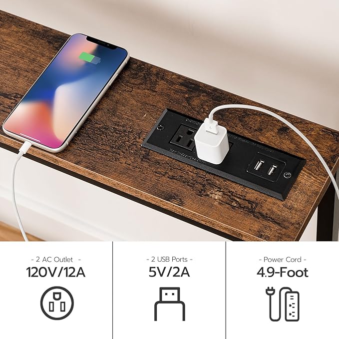 HOOBRO 78.7" Narrow Console Table with Charging Station, 5.9" Sofa Table with 2 Power Outlets and USB Ports, Long Entryway Tables Behind Couch Table, for Hallway, Living Room, Rustic Brown BF205UXG01