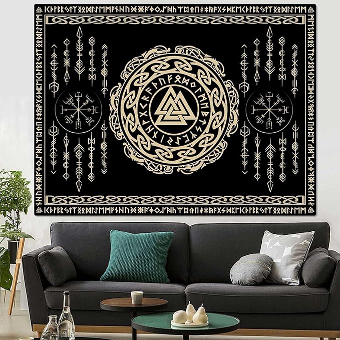 OSUNBD Viking Tapestry Meditation Runes Ancient Art Norse Mythology Flannel Tapestry Vegvisir Symbol Amulet Wall Hanging Art Hanging Decor Large Size 78.7”x59.1” for Bedroom Living Room Dorm