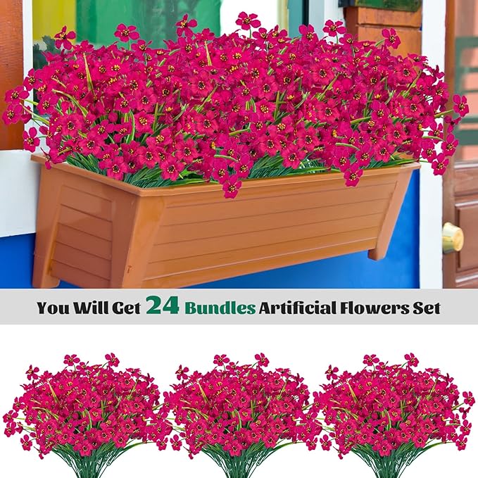 Lnoicy 24 Pcs Artificial Flowers for Outdoor,Plastic Flowers Decoration, UV Resistant Faux Flowers Shrubs, Artificial Plants for Indoor Outside Garden Home Wedding Farmhouse(Rose Red)