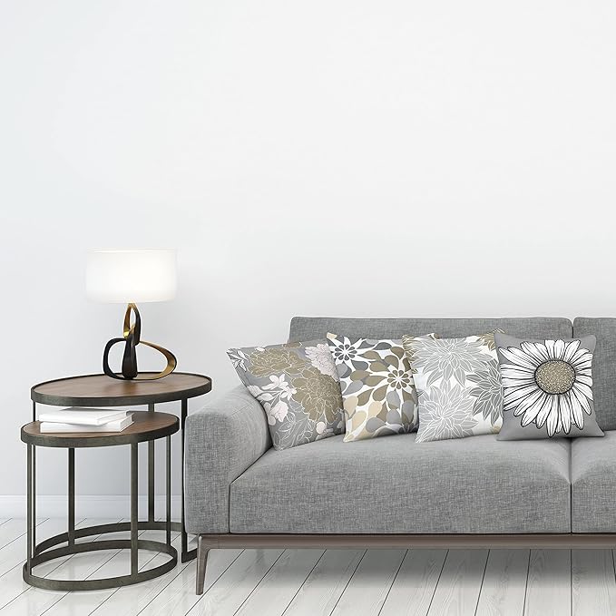Ambesonne Floral Throw Pillow Cushion Case Pack of 4, Flower Petals Modern Color Palette Chamomile Peony Dahlia and Sunflower Print, Modern Accent Double-Sided Digital Printing, 16", Slate Brown Grey