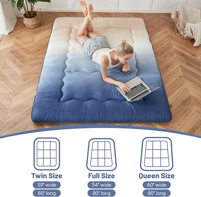 Japanese Floor Mattress, Futon Mattress with Portable Storage Bag and Washable Cover, Roll Up Thick Tatami Mat Suitable for Camping, Guest Room (Coastal Gradient, Queen)