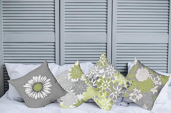 Ambesonne Floral Throw Pillow Cushion Case Pack of 4, Flower Petals Color Palette Chamomile Peony Dahlia and Sunflower, Accent Double-Sided Digital Printing, 18", Grey Pastel Green
