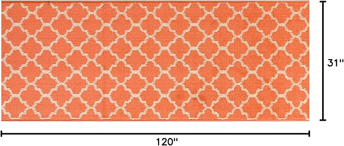 Custom Size Moroccan Trellis Runner Rug Mat for Wide Hallway Entryway Kitchen Laundry Room with Slip Resistant Latex Rubber Backing, Trellis Orange, 31 inch X 10 feet