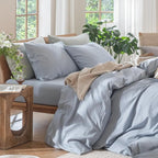 MooMee Bedding Duvet Cover Set 100% Washed Cotton Linen Like Textured Breathable Durable Soft Comfy (Heathered Cornflower Blue, King 104"x90")