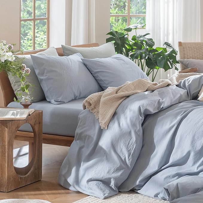 MooMee Bedding Duvet Cover Set 100% Washed Cotton Linen Like Textured Breathable Durable Soft Comfy (Heathered Cornflower Blue, Palatial King/Oversized King 120"x98")