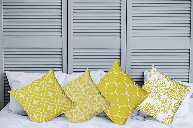 Ambesonne Vintage Throw Pillow Cushion Case Pack of 4, Monochrome Design Grid Trellis Quatrefoil Mesh and Dahlia Flowers Modern Print, Modern Accent Double-Sided Digital Printing, 18", Yellow White