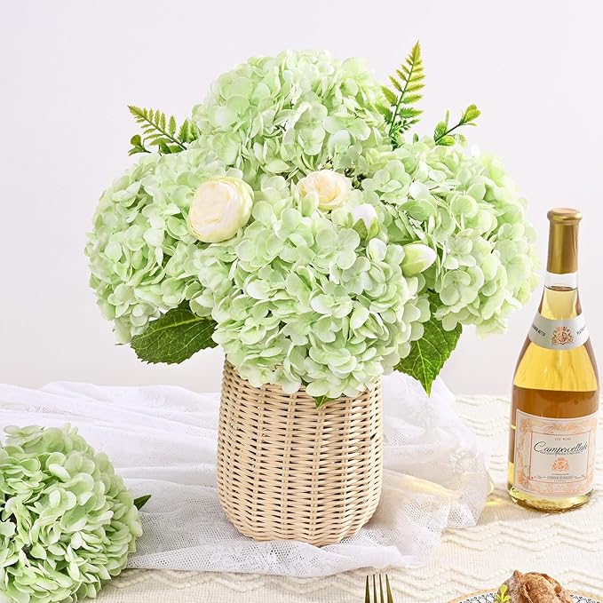 4 Pcs Real Touch Hydrangea Artificial Flowers, 21" Light Green Full Faux Hydrangea Flowers Latex Fake Flowers for Home Decor Party Floral Arrangements Wedding Bouquets Centerpieces Outdoor Decor