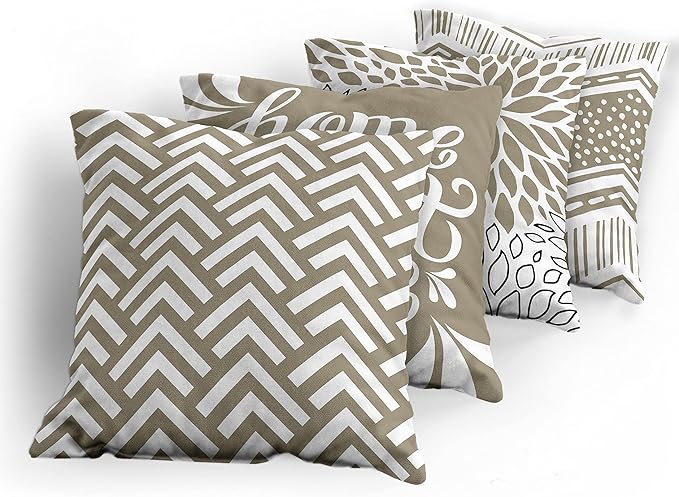 Ambesonne Geometric Throw Pillow Cushion Case Pack of 4, Home Phrase Minimal Zigzag Squama Dahlia Flowers Chevron Tribal, Modern Accent Double-Sided Digital Printing, 18", Cocoa White Charcoal Grey