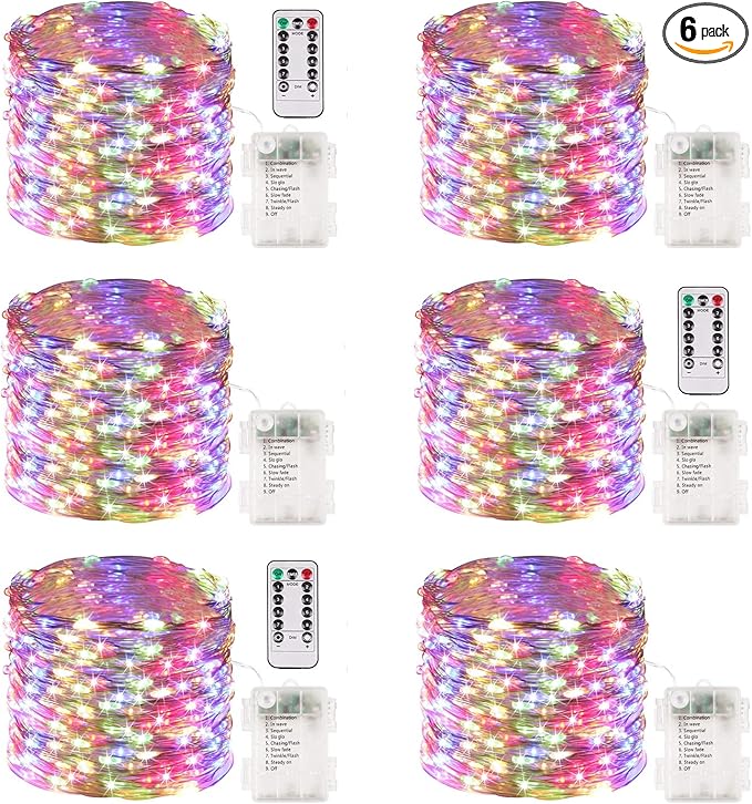 6-Pack 33FT 100 LED Fairy Lights Battery Operated with Remote & Timer, Fairy Christmas String Lights for Bedroom Decor, Waterproof 8 Modes Twinkle Lights for Room(Multicolor)…