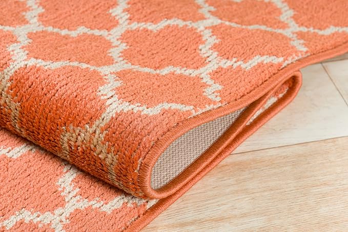 Custom Size Moroccan Trellis Runner Rug Mat for Wide Hallway Entryway Kitchen Laundry Room with Slip Resistant Latex Rubber Backing, Trellis Orange, 31 inch X 12 feet