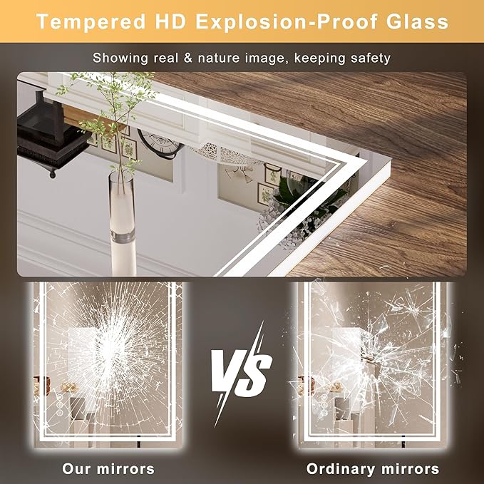 36''x36'' Lighted Mirrors for Bathroom Wall Backlit + Front Lit, Rectangular LED Bathroom Mirror Frameless with Lights Anti Fog, Dimmable, 3 Colors,Tempered Glass, Shatter-Proof
