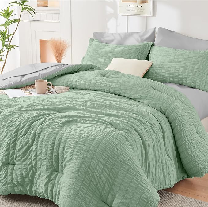 HYMOKEGE Sage Green/Light Grey King Size Comforter Set Seersucker 7 Pieces, All Season Luxury Bed in a Bag for Bedroom, Bedding Set with Comforter, Sheets, Pillowcases & Shams