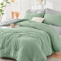 HYMOKEGE Sage Green/Light Grey King Size Comforter Set Seersucker 7 Pieces, All Season Luxury Bed in a Bag for Bedroom, Bedding Set with Comforter, Sheets, Pillowcases & Shams