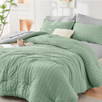 HYMOKEGE Sage Green/Light Grey King Size Comforter Set Seersucker 7 Pieces, All Season Luxury Bed in a Bag for Bedroom, Bedding Set with Comforter, Sheets, Pillowcases & Shams