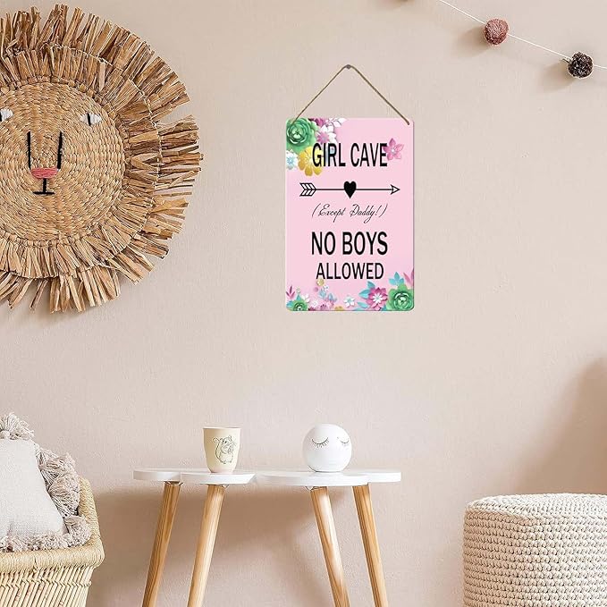 Wood Girl Cave Sign, 8x12 Inch, No Boys Allowed for Girl Bedroom Decor