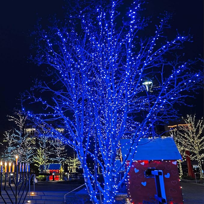 5mm LED Wide Angle Blue Prelamped Light Set, Green Wire - 70 5mm Blue LED Christmas Lights, 4" Spacing