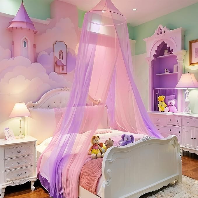 Eimilaly Two-Tone Bed Canopy Mosquito Net Pink Purple with 250pcs Warm White Lights, Bed Canopy for Girls Room Decor, Single Door