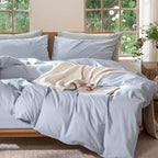 MooMee Bedding Duvet Cover Set 100% Washed Cotton Linen Like Textured Breathable Durable Soft Comfy (Heathered Cornflower Blue, Palatial King/Oversized King 120"x98")