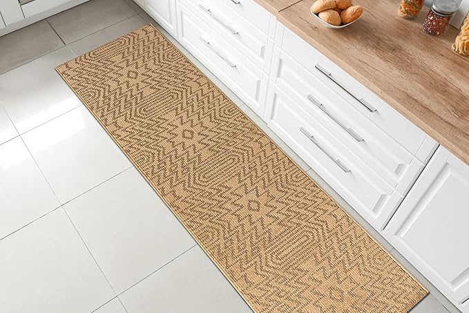 Custom Length Cut to Size Tribal Ethnic Southwestern Inspired Hallway Runner Rug, Non Slip Rubber Backed, 31 inch Wide X Customized Length, Inca Tan, 31 inch X 3 feet, Doormat Size