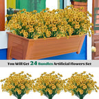 Lnoicy 24 Pcs Artificial Flowers for Outdoor,Plastic Flowers Decoration, UV Resistant Faux Flowers Shrubs, Artificial Plants for Indoor Outside Garden Home Wedding Farmhouse(Yellow)