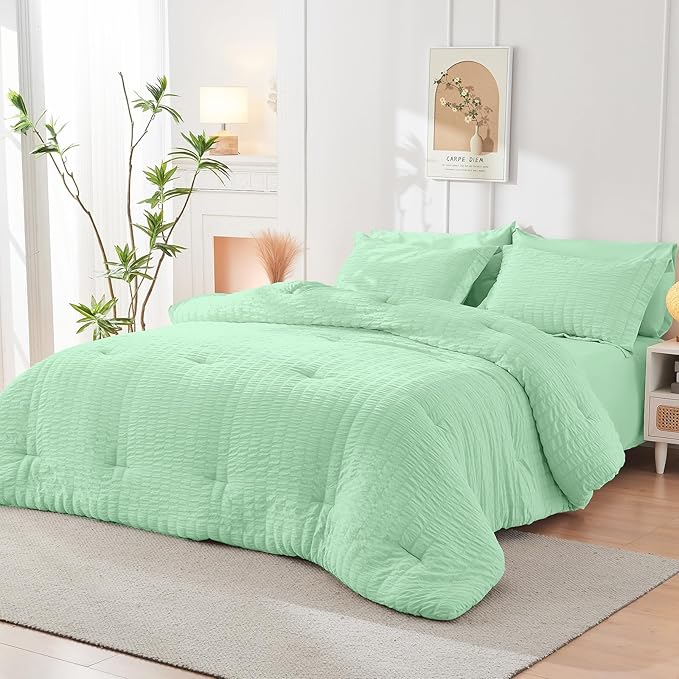 HYMOKEGE Mint Green King Size Comforter Set Seersucker 7 Pieces, All Season Luxury Bed in a Bag for Bedroom, Bedding Set with Comforter, Sheets, Pillowcases & Shams