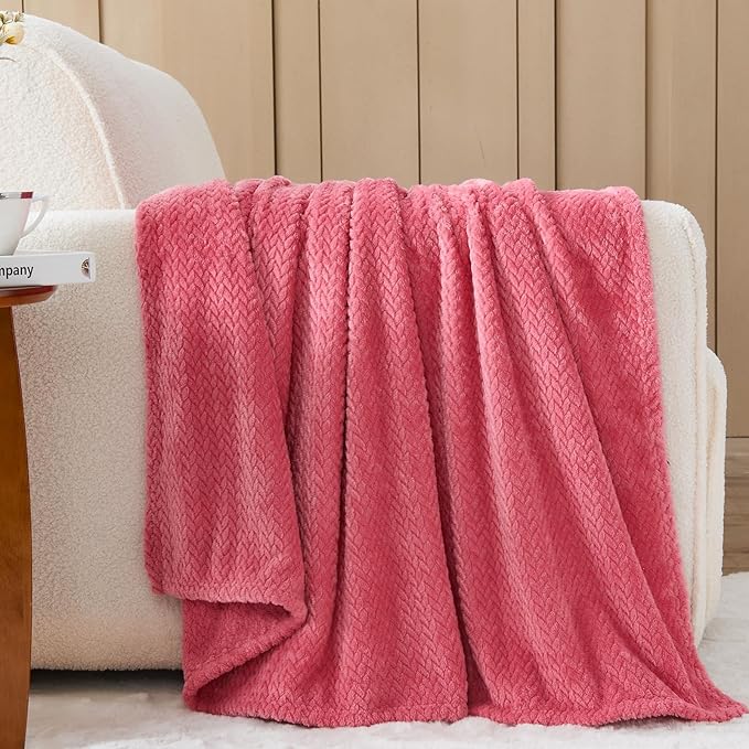 NEWCOSPLAY Super Soft King Blanket Coral Pink Premium Silky Flannel Fleece Leaves Pattern Lightweight Bed Blanket All Season Use (Coral Pink, King(90"x110"))