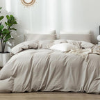 MooMee Bedding Duvet Cover Set 100% Washed Cotton Linen Like Textured Breathable Durable Soft Comfy (Heathered Cream Grey, Oversized Queen 98"x98")