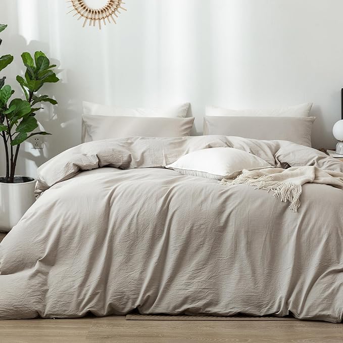 MooMee Bedding Duvet Cover Set 100% Washed Cotton Linen Like Textured Breathable Durable Soft Comfy (Heathered Cream Grey, Oversized Queen 98"x98")