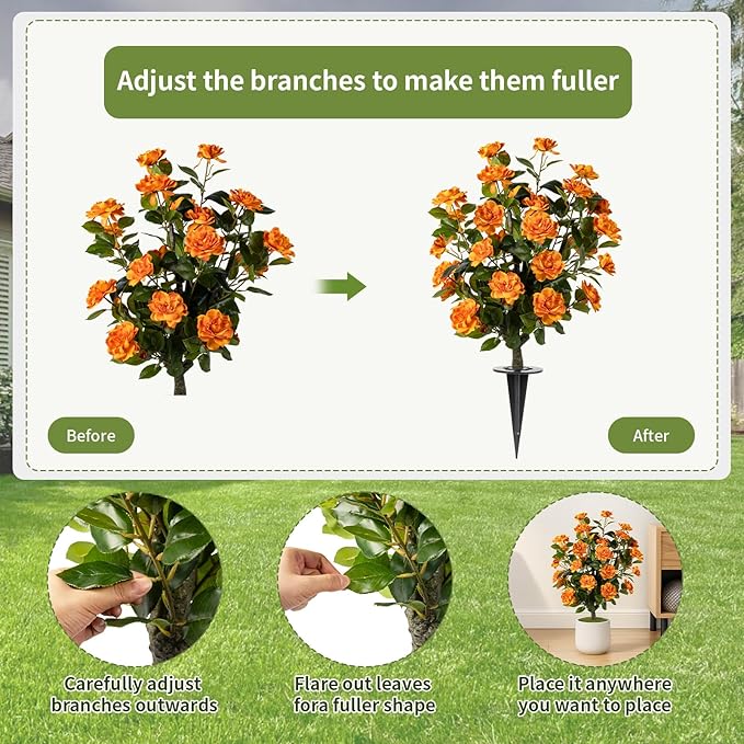 Artificial Camellia Tree 3 Pack with Spike, Artificial Plants Outdoor Faux Floral Plant in Cement Pot Fake Silk Camellia Tree Plants for Home House Living Room Office Decor