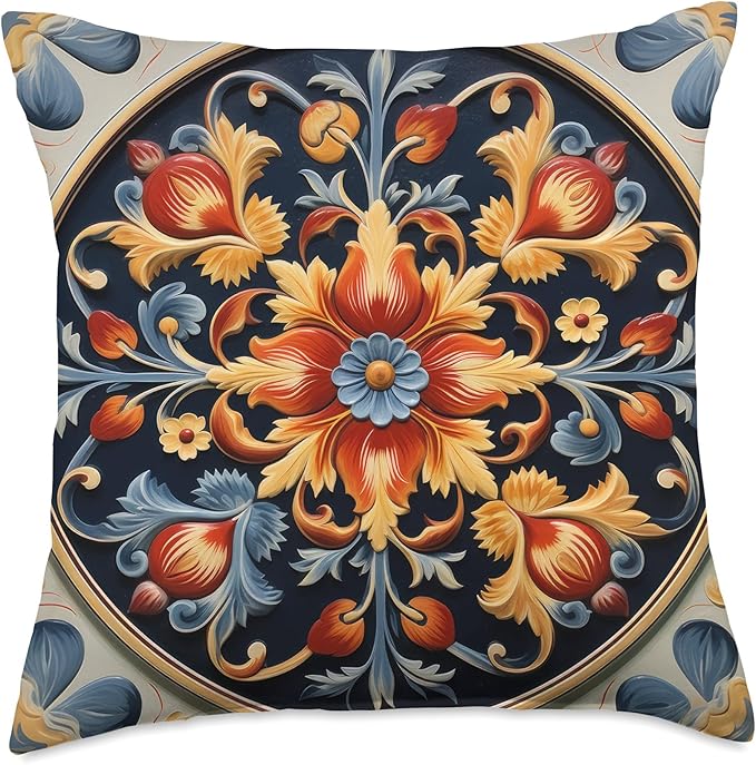 Traditional Norwegian Rosemaling Folk Art Throw Pillow