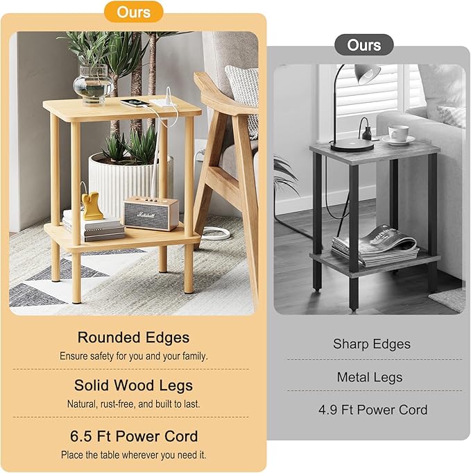 Apicizon 2 Tier End Table Set of 2, Small Side Table with Charging Station, Boho Bedside Table with USB Ports and Outlets, Nightstand for Small Spaces, Bedroom, Living Room, Easy Assembly, Natural
