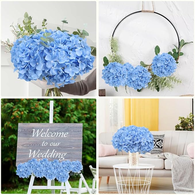 AVIVIHO Blue Hydrangea Artificial Flowers Bulk Pack of 10 Fluffy Fake Hydrangeas Silk Flower with Stems for Home Wedding Party Floral Decor Table Centerpieces Home Spring Festival Decoration
