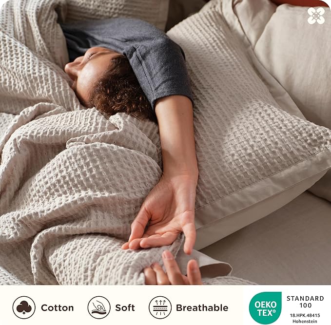 Bedsure Cotton Duvet Cover Set - 100% Cotton Waffle Weave Linen Duvet Cover Oversized Queen Size, GentleSoft™ and Breathable Bedding Set for All Season, 3 Pieces, 98"x98"