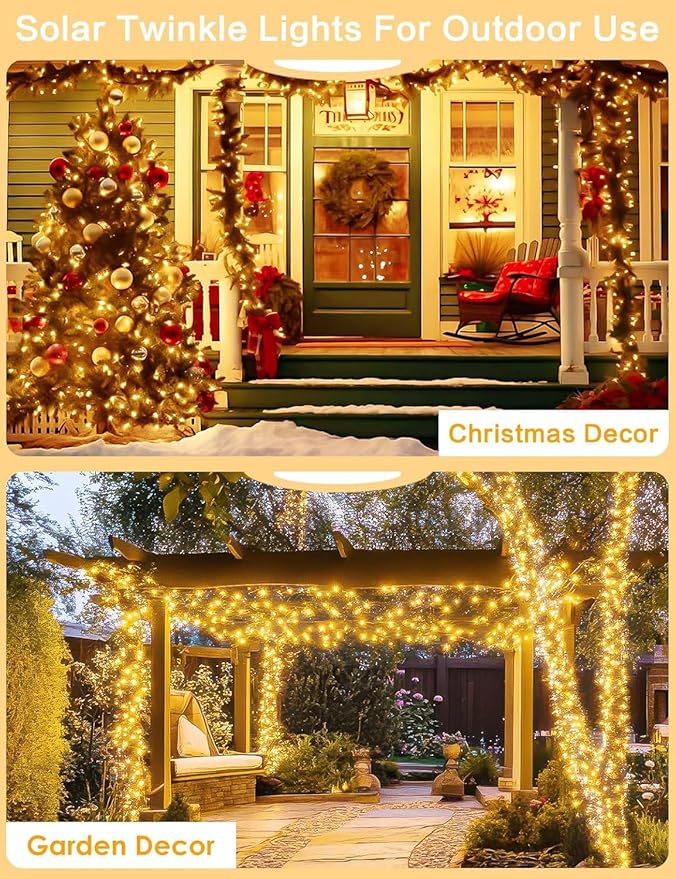 Solar String Lights Outdoor, 4 Pack 160FT 400 LED Solar Twinkle Lights for Outside Waterproof Copper Wire with 8 Modes Solar Fairy Lights for Garden Yard Wedding Christmas Tree Decor (Warm White)