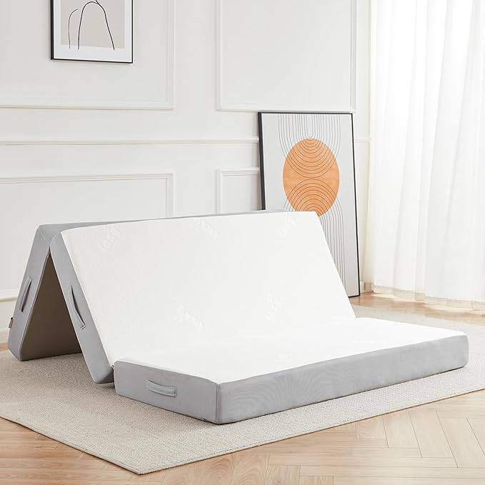 Folding Mattress, 6 Inch Memory Foam Tri-fold Mattress with Breathable & Washable Bamboo Fiber Fabric Cover, Foldable Guest Bed for Camping, Road Trip, Queen