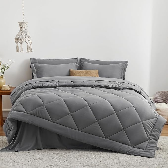 Love's cabin Queen Comforter Set Grey, 7 Pieces Queen Bed in a Bag, All Season Bedding Sets with 1 Comforter, 1 Flat Sheet, 1 Fitted Sheet, 2 Pillowcase and 2 Pillow Sham