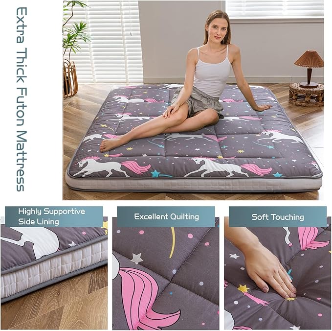 MAXYOYO Unicorn Pattern Futon Mattress, Full Size Japanese Floor Mattress Quilted Bed Mat Topper, Extra Thick Folding Sleeping Pad Breathable Guest Bed for Camping Couch
