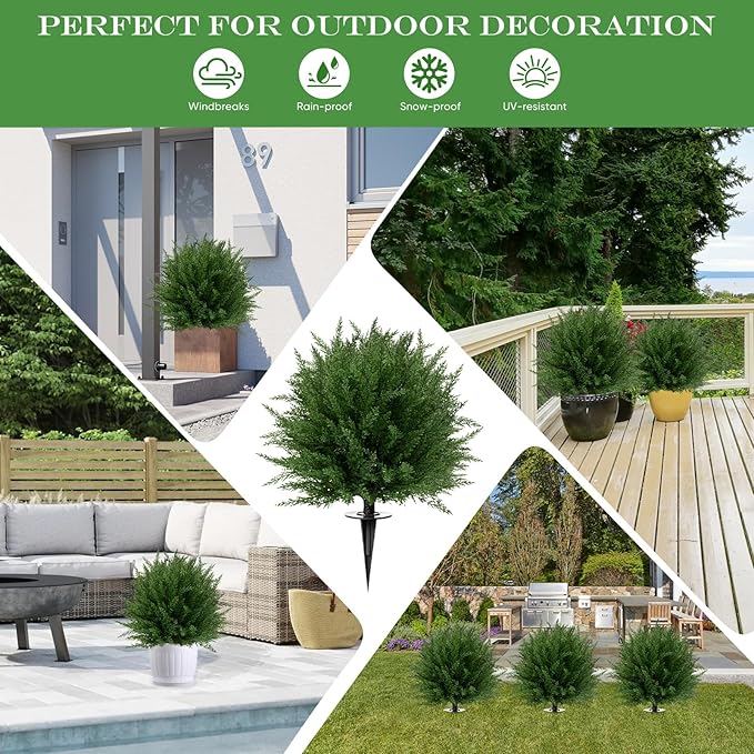 24'' Upgraded Artificial Cedar Topiary Ball Trees with Ground Spike, UV Resistant Fake Bushes, Set of 2 Faux Cypress Fake Plants Faux Shrubs for Outdoor Indoor Front Porch Garden Decor
