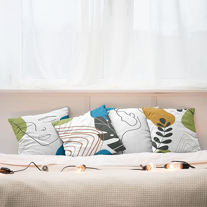 Ambesonne Minimal Throw Pillow Cushion Case Pack of 4, Modern Line Art Woman Portrait with Contemporary Leafy Geometric Details, Modern Accent Double-Sided Digital Printing, 20", Blue Green Marigold